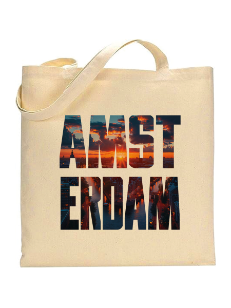 Shopper in cotone naturale 38 x 42 con grafica originale di nomi di città europee Amsterdam